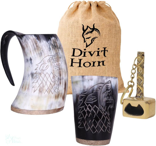 Genuine Viking Drinking Horn Mug, Shot Glass & Bottle Opener (3-Pc Set) | Authentic Medieval Beer Horn Tankard | Horn Cup/Stein | Burlap Gift Sack Included (Wolf Mug, Horn Shot & Brass Hammer Opener)